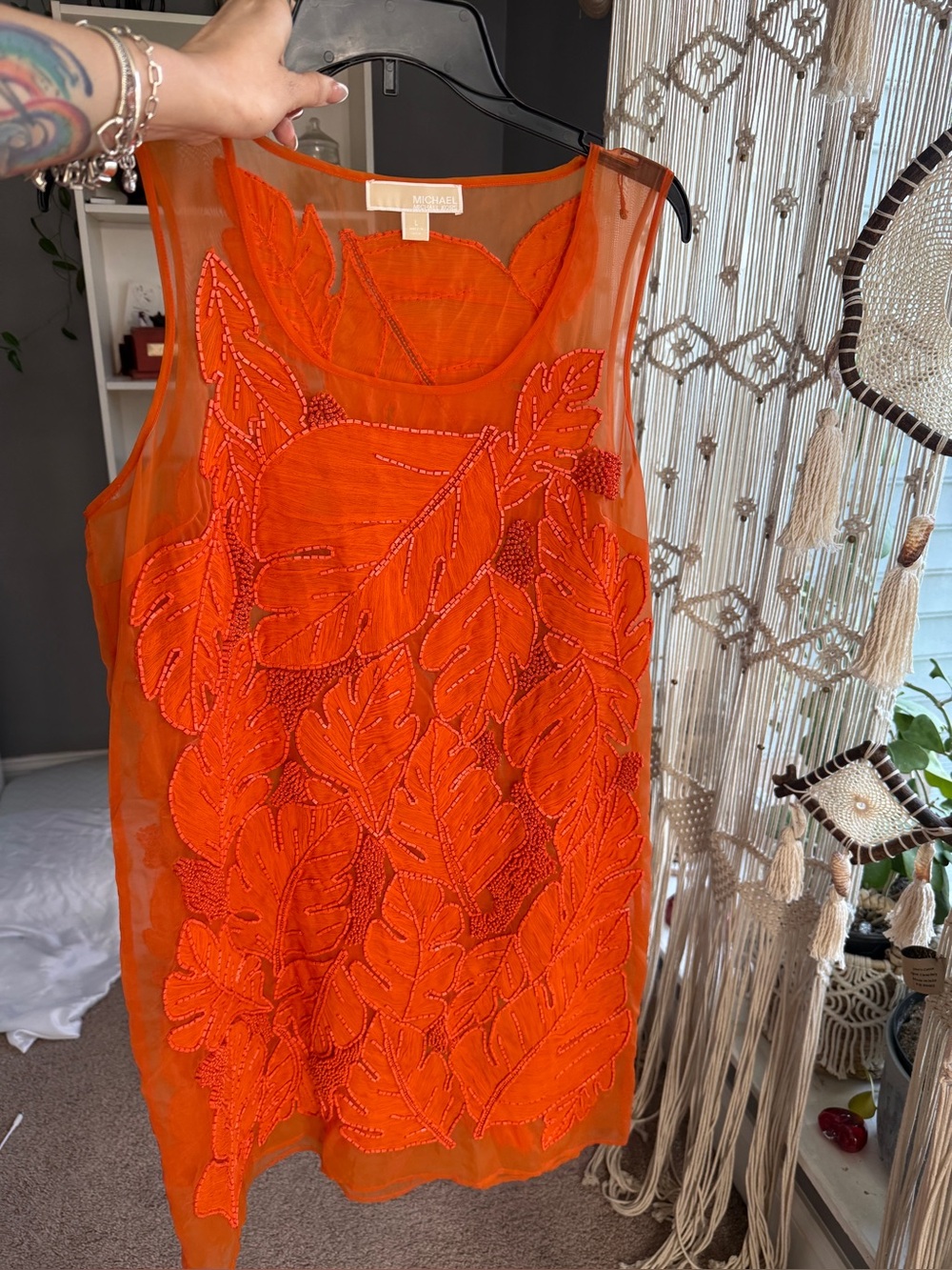 Michael Kors beaded Women's Sheer Embroidered Sleeveless Dress - Orange